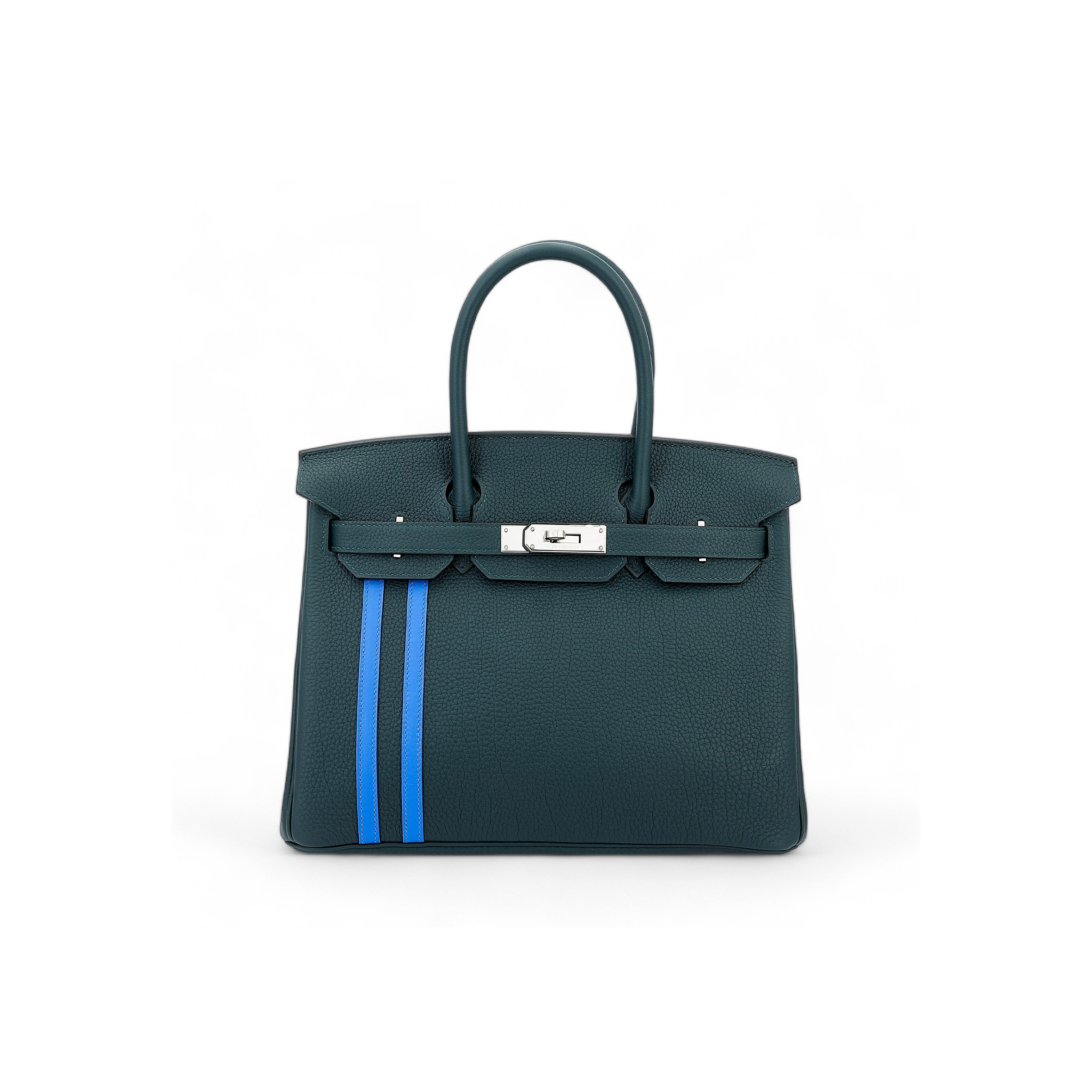 HERMÈS BIRKIN 25 TOGO LEATHER CYPRESS GREEN AND GLASS BLUE WITH SILVER BUCKLE BAG 8241275657 (25*20*13cm)